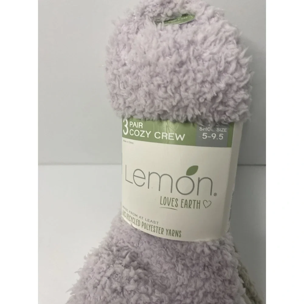 Lemon Loves Earth Socks Purple Gray 5-9.5 Warm Cozy Crew Fuzzy‎ 3 Pairs
